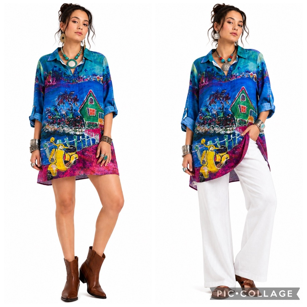 Leoma Lovegrove Tropical Art Print Roll Tab Sleeve Tunic M Artsy Eclectic Whimsy